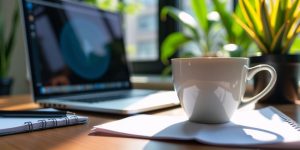 A modern workspace with a laptop and coffee cup.