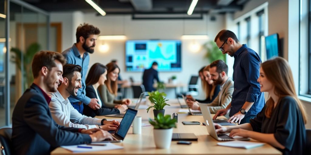 Diverse professionals collaborating in a modern office setting.