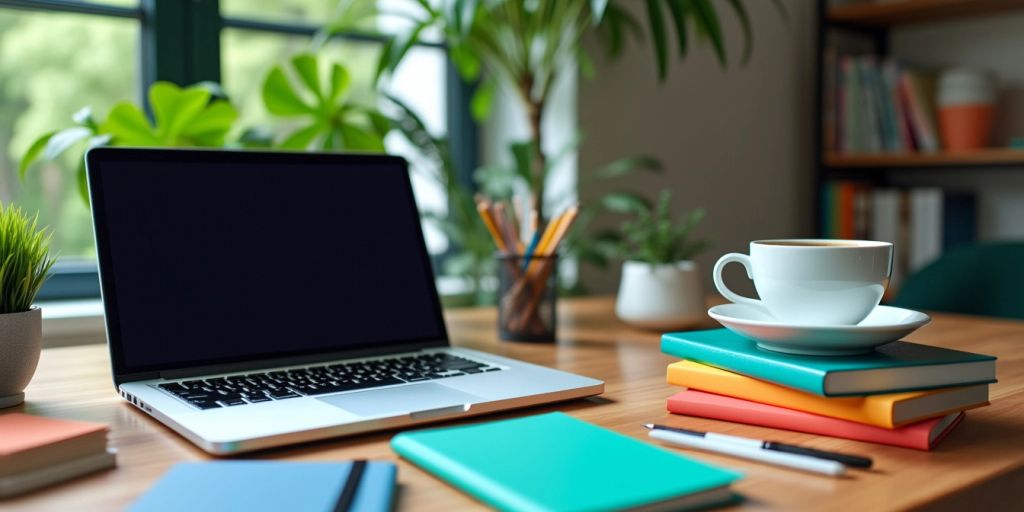 Modern workspace with laptop, notebooks, and coffee.